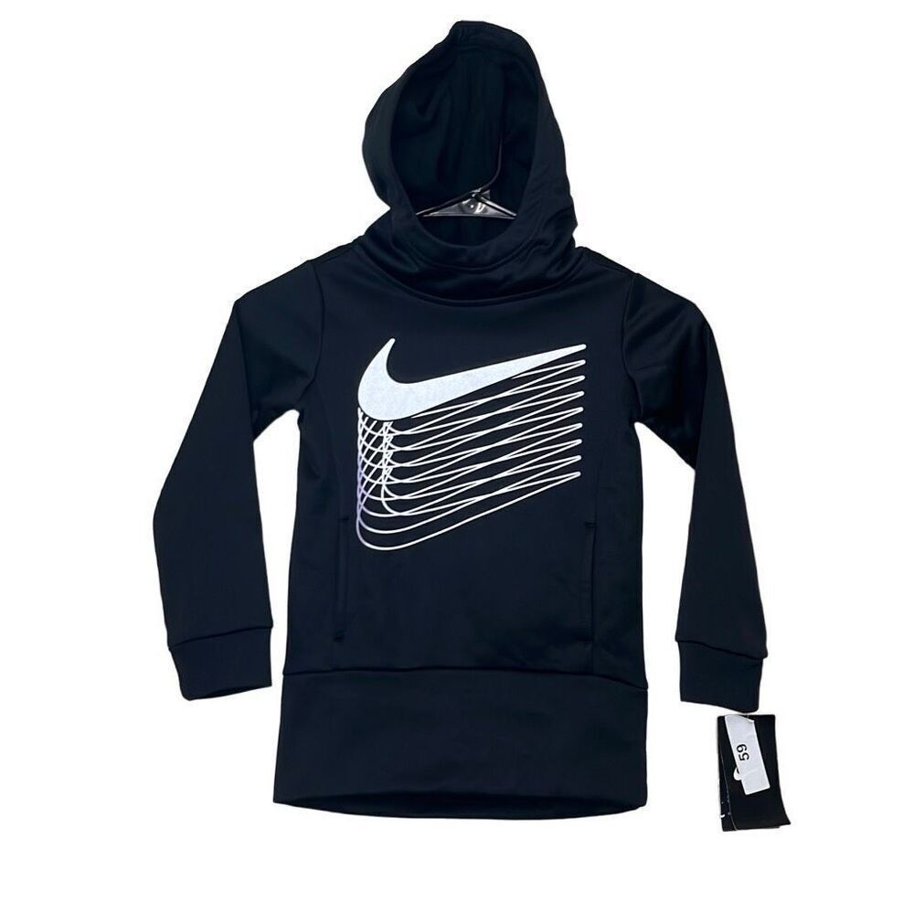 Nike Therma Girls XS Dri Fit Logo Hoodie Black Purple Swoosh Fleece Pockets NWT‎